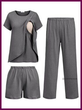 3 PC Maternity Nursing Pajama Set Breastfeeding PJS Sleep Lounge
